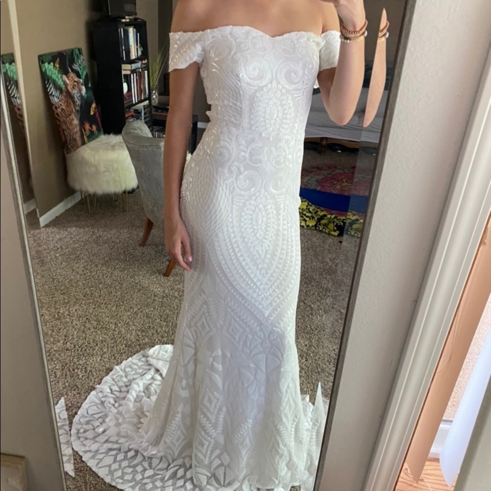 White off the shoulder sequin gown with train